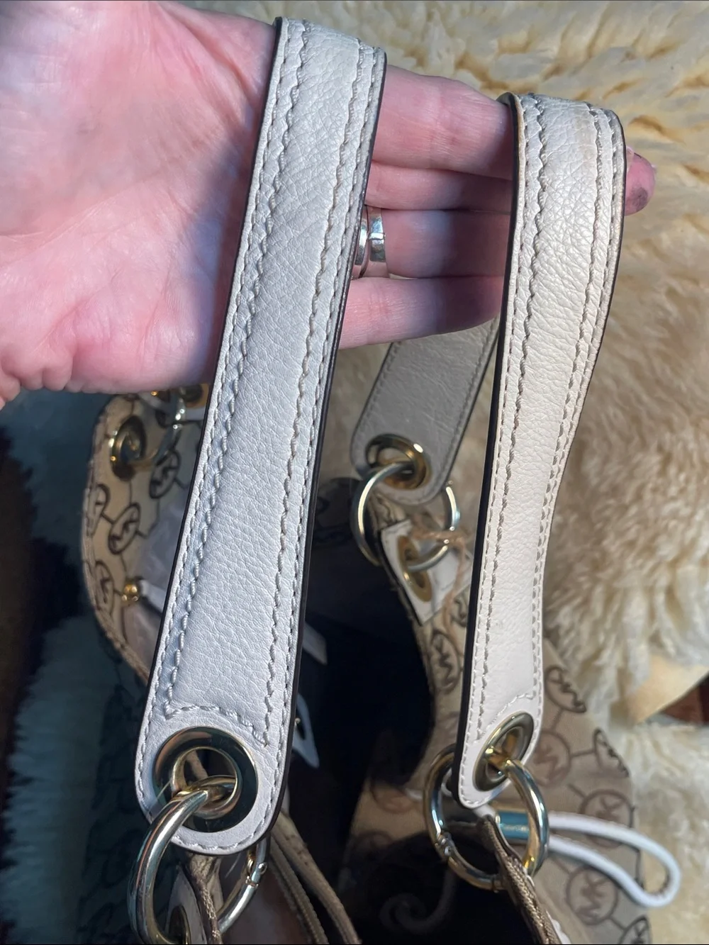 Michael Kors Beige Signature Drawstring Shoulder Bag with White Trim